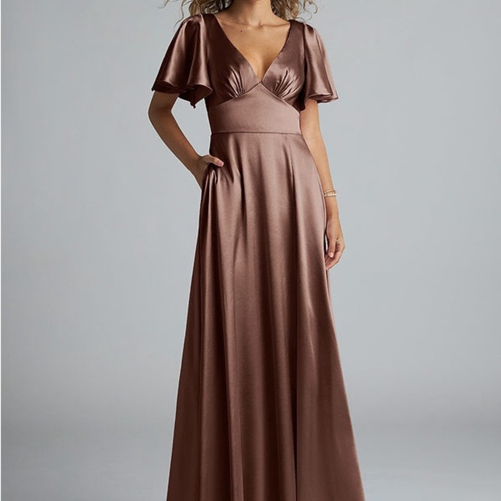 Azazie Kimber maxi-dress is Metallic Satin Espresso. Not altered. Comes w/ bag.
